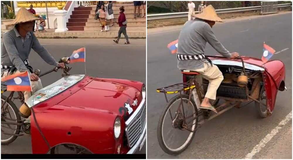 Photos of a man riding a bicycle that looks like a car.