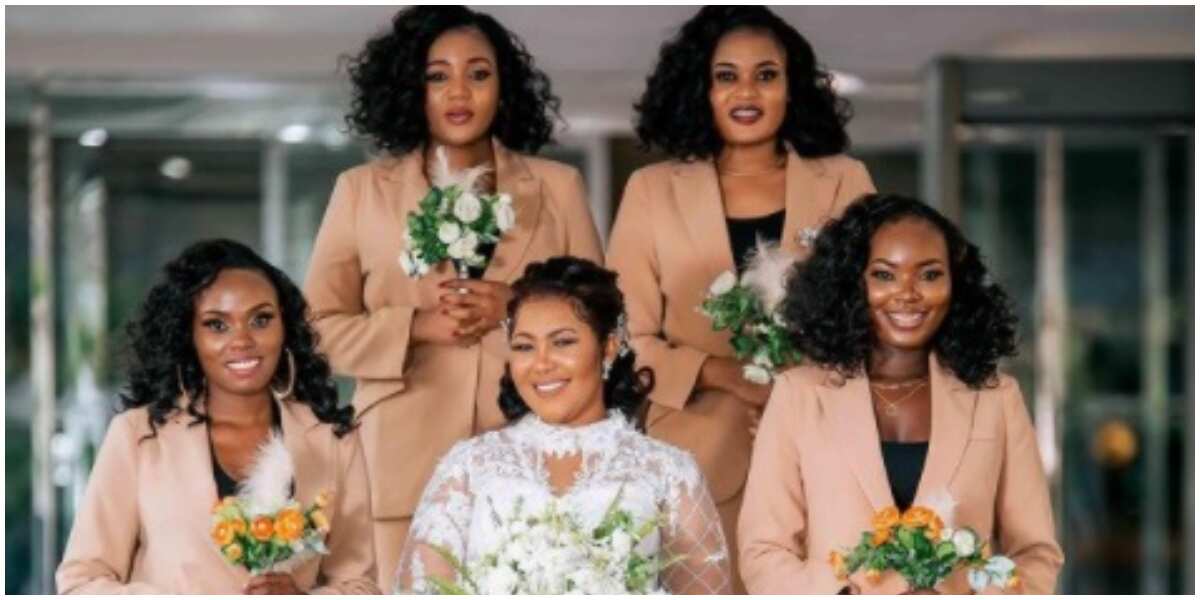 Wedding fashion: Bridesmaids ditch conventional bridal dress for beige pantsuits in trending photos