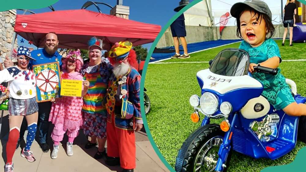 A group of cheerful people dressed as clowns during NNO (L). A young child riding a small toy police motorcycle on a green field (R)
