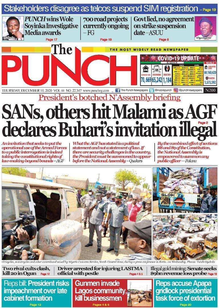 The Punch newspaper for Thursday, December 10 The Punch newspaper for Thursday, December 10