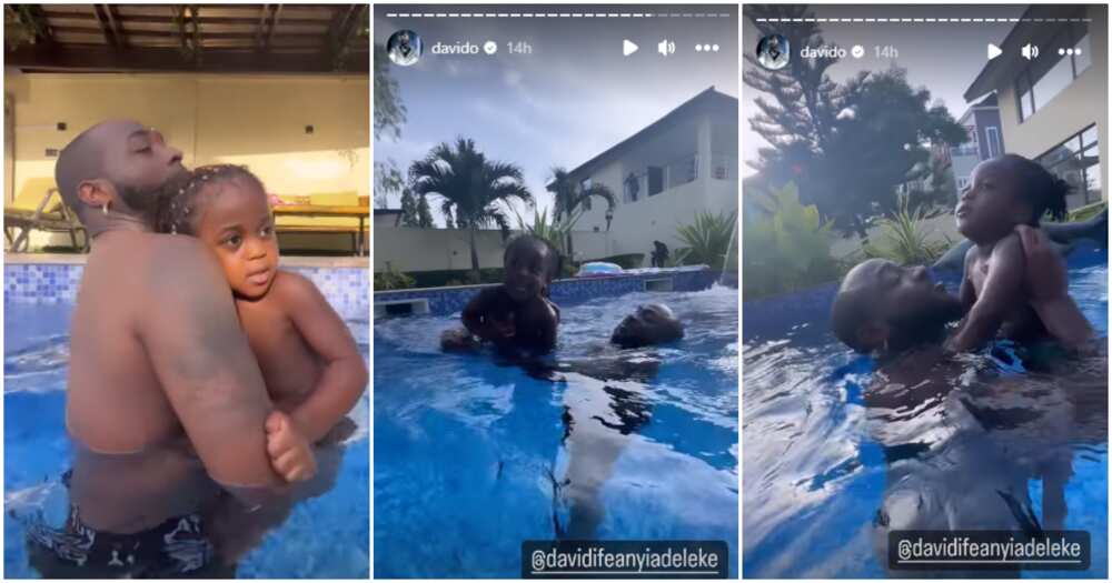 Davido teaches Ifeanyi to swim.