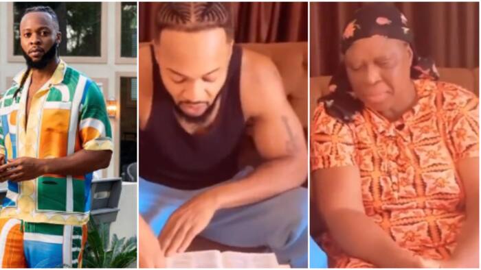 "He'll still enter studio to shout baby shake ukwu": Flavour reads bible with mum, promises to study at home