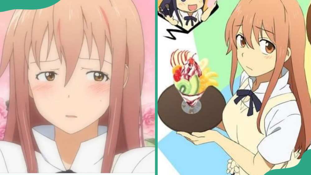 Souta Takanashi appears frustrated (L). The character holding a plate bearing a dessert (R)