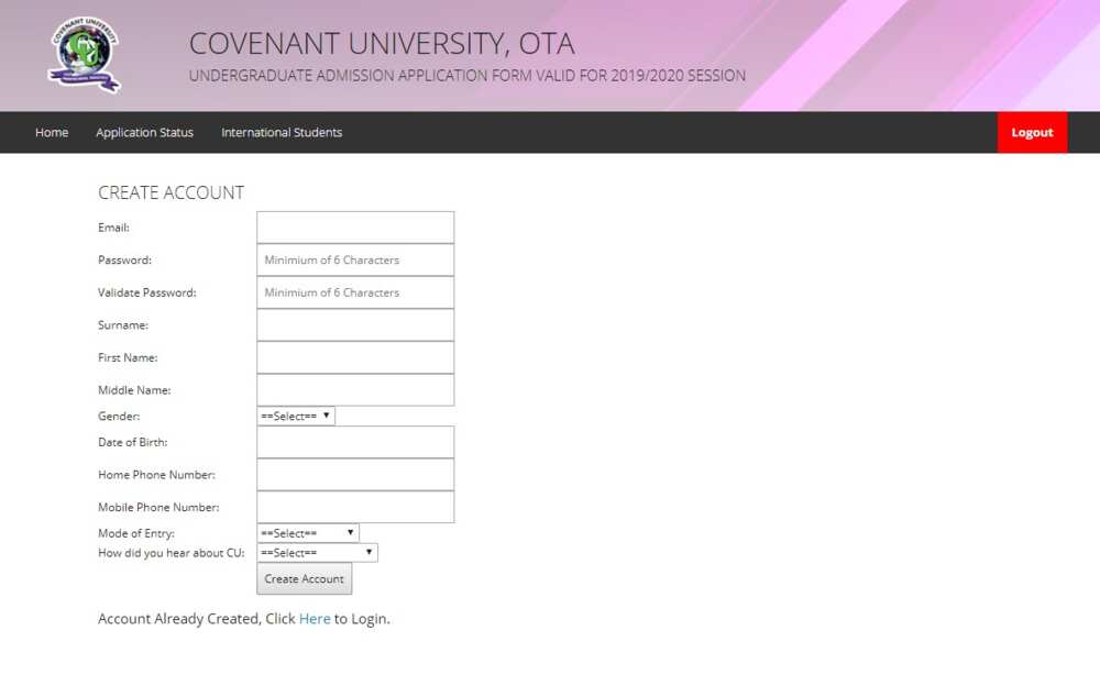 Covenant University admission portal