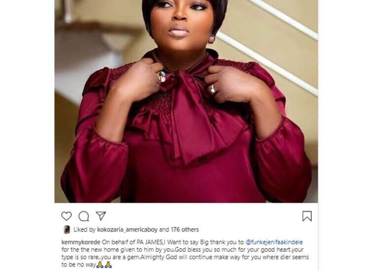 Funke Akindele gifts Pa James new house after his was sacked by flood