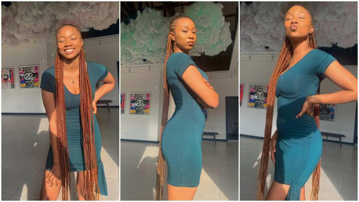Pretty Nigerian lady braids her 'natural' hair, surprises people with its length (see photos)