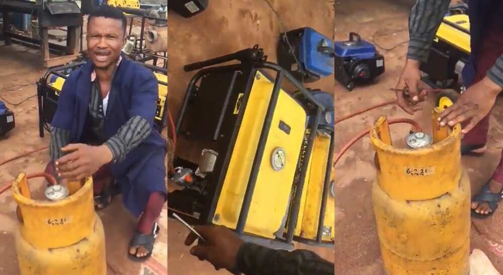 Photos of a man running generating set with cooking gas.