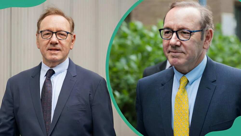 Actor Kevin Spacey arrives at Southwark Crown Court, London (L). Kevin Spacey in London, United Kingdom (R)