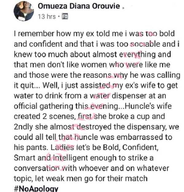 Lady shares her encounter with her ex-boyfriend's wife at an event