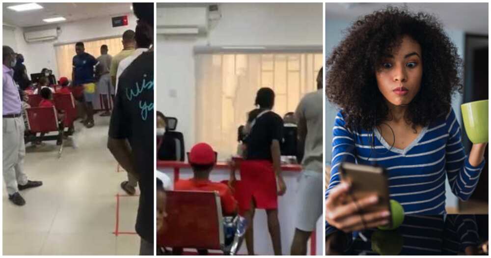 Reactions as lady shouts at banker, demand immediate refund of her money, video stirs reactions