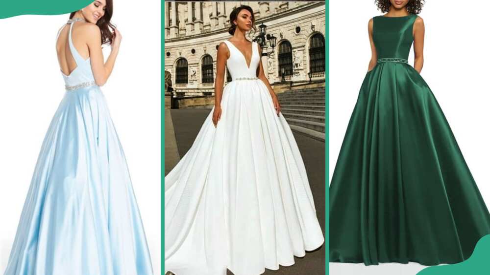 Light blue A-line gown (L), white A-line gown (C) and purple A-line gown (R)