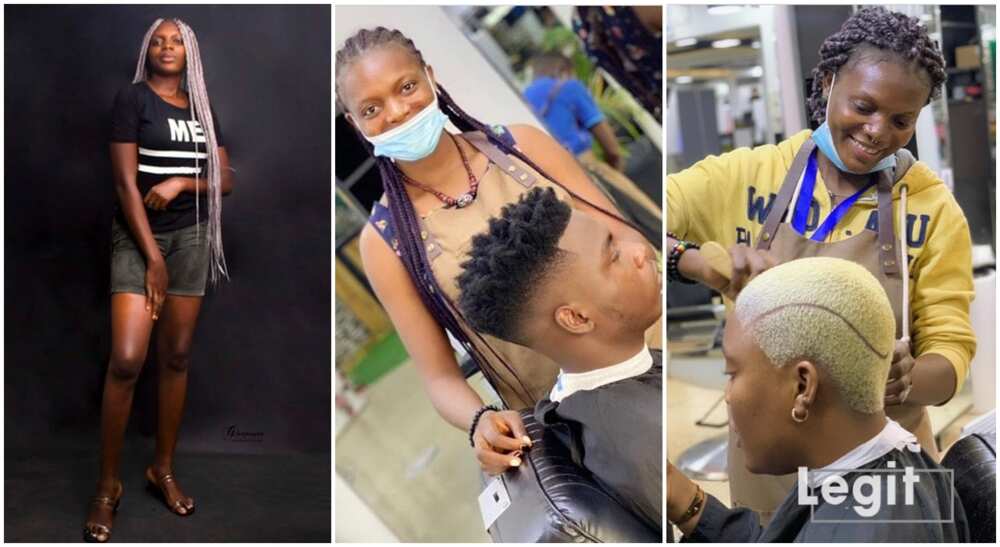 Precious Joseph, Nigerian female barber. Precious Joseph, Nigerian female barber.