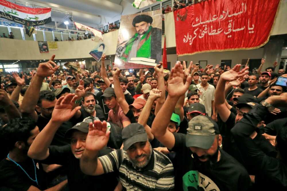 Supporters of Iraqi cleric Moqtada Sadr seen here in parliament on Monday