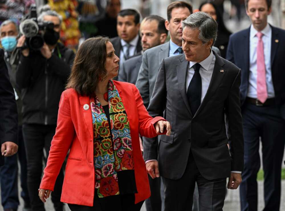 Chile's Foreign Minister Antonia Urrejola (L) and US Secretary of State Antony Blinken held talks in Santiago