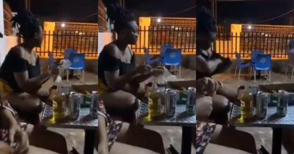 Video shows woman, taking food, stuffing it, shirt Turn off FB pls, export pls