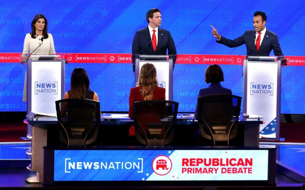 Republican presidential hopeful Vivek Ramaswamy (R) clashed with  former UN Ambassador Nikki Haley (L) and Florida Governor Ron DeSantis (C) at the Republican primary debate in Tuscaloosa, Alabama