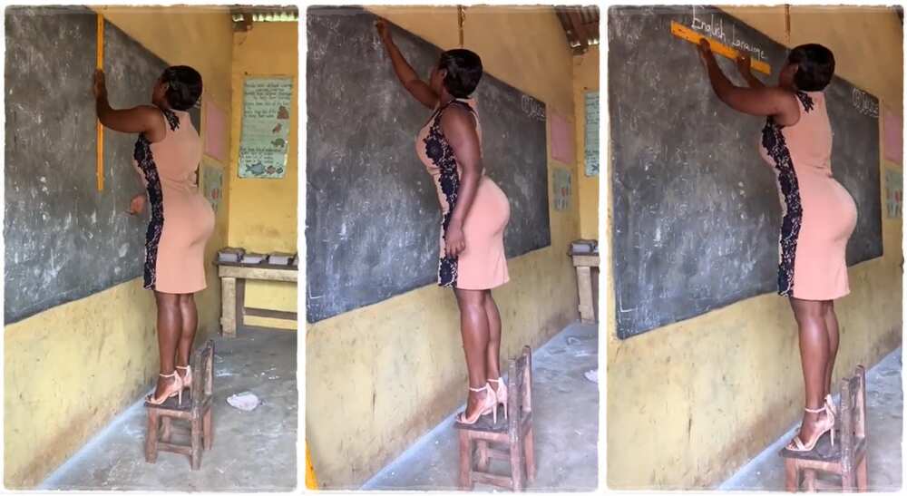 Photos of a teacher, Akosua Saffy writing on the blackboard.