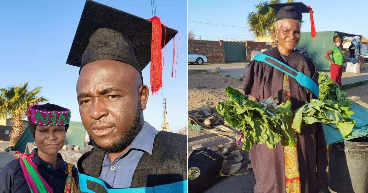 Graduate Praises Mother Who Hawked Vegetables To Pay His School Fees Wears Her Graduation Gown 