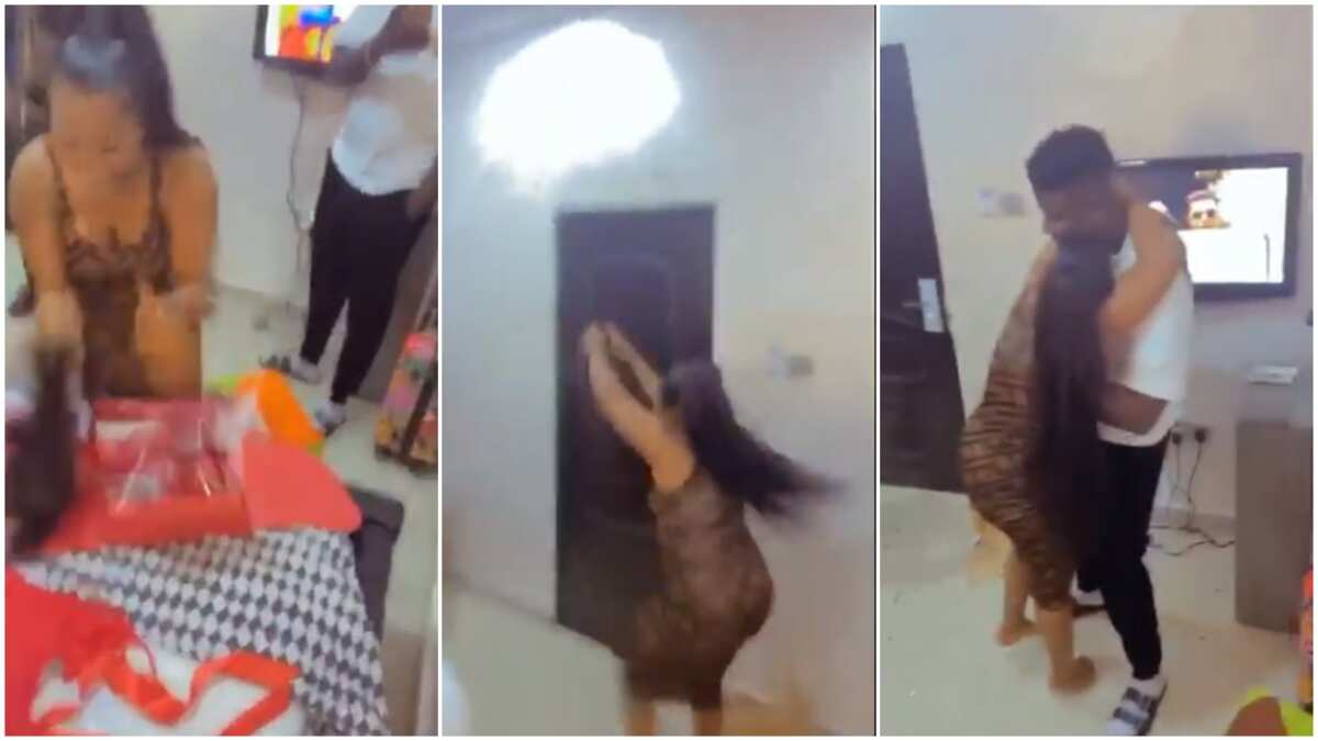 Lady almost runs 'mad', screams for joy as lover gives her bone straight hair, Nigerians react (see video)