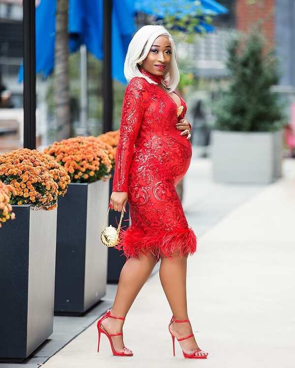 Red evening gown with floral pattern