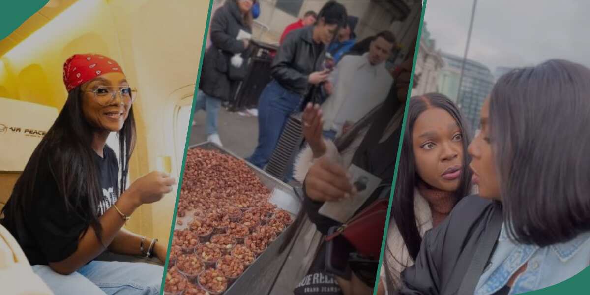 See how actress Chioma Akpotha was pricing groundnut on the street of London with her friends (video)