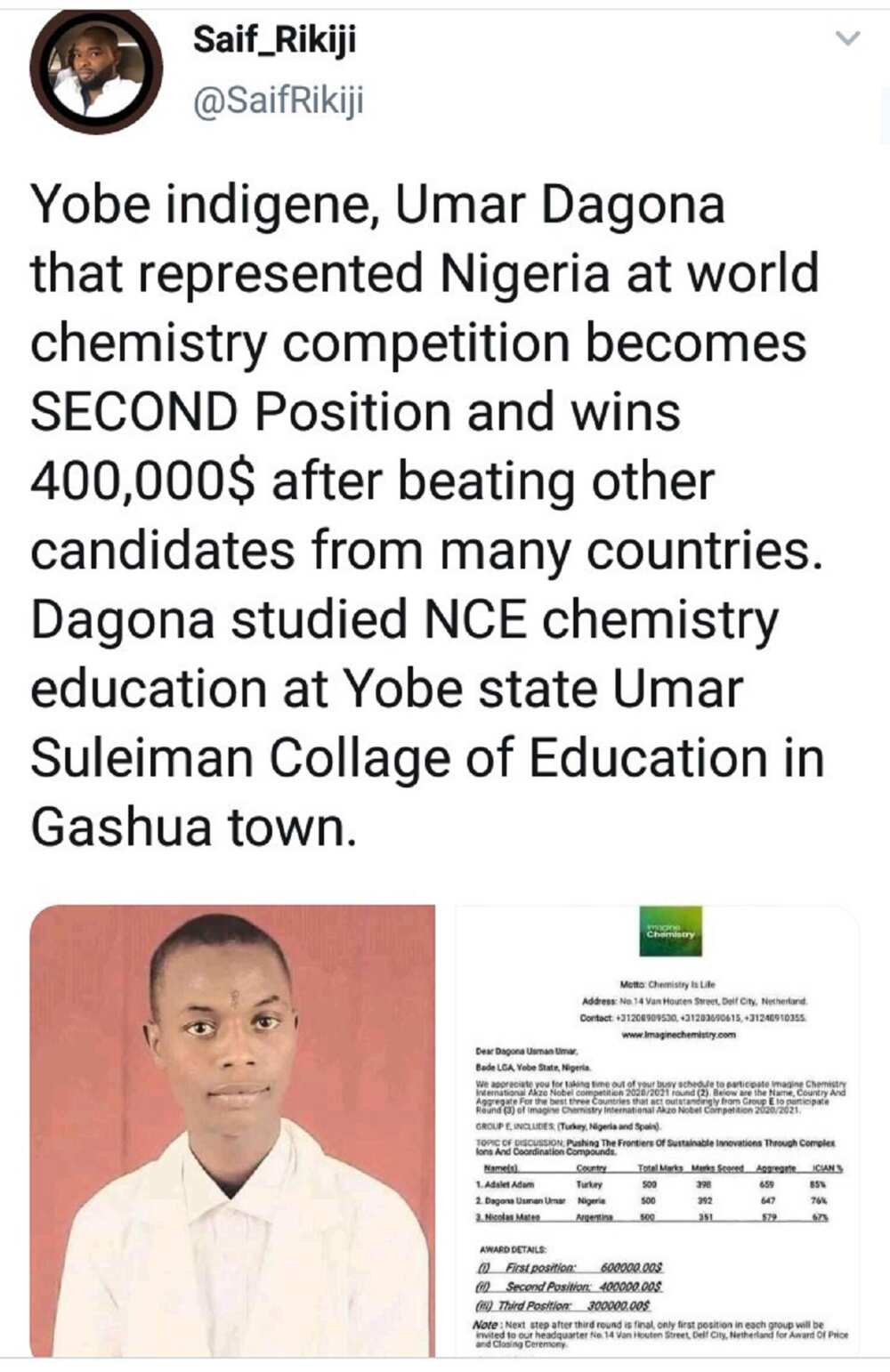 Umar Dagona ya yi zarra a babbar gasar kimiyya da aka shirya a Abuja Umar Dagona ya yi zarra a babbar gasar kimiyya da aka shirya a Abuja