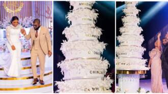 Photo of Mercy Chinwo’s massive 8-tier wedding cake wows many, features names of her hit gospel songs