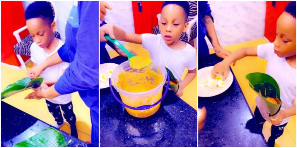 Celebrity stylist Toyin Lawani teaches son how to make moin-moin in new video