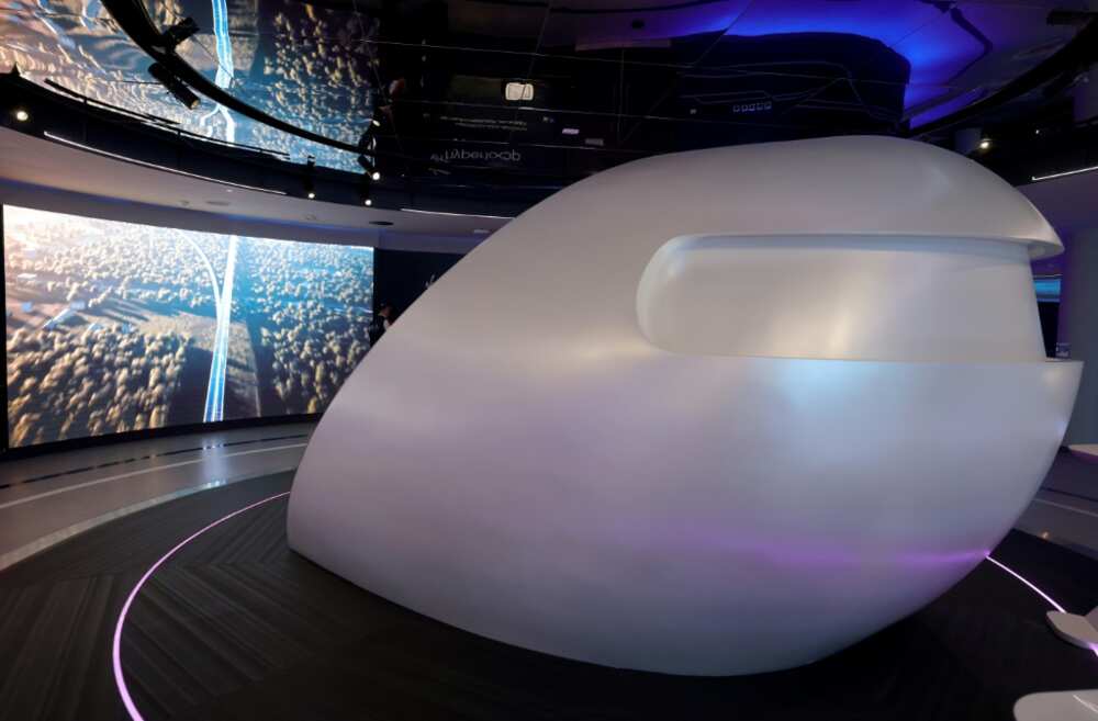The outside of a DP World model hyperloop capsule The outside of a DP World model hyperloop capsule