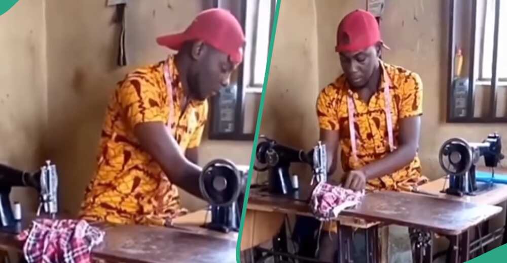 A tailor sews two clothes at the same time