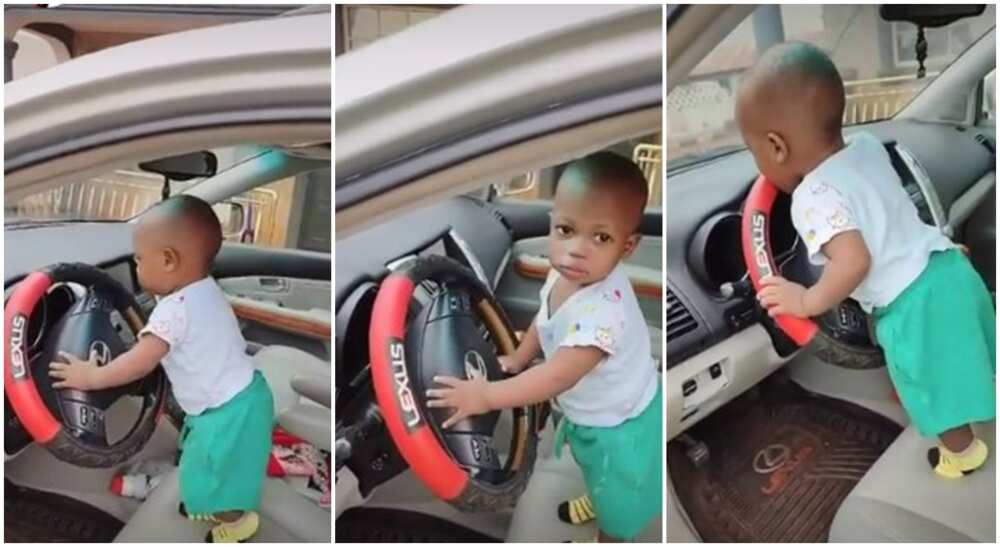 Photos of little black boy who held a car steering and danced nicely in a video.