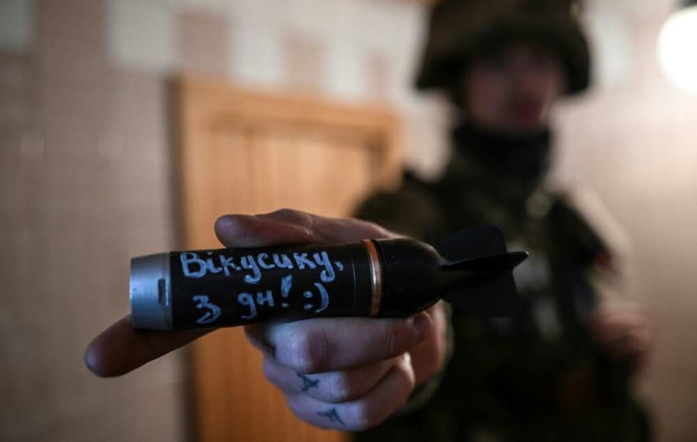 A mini-bomb inscribed with a message for its Russian target