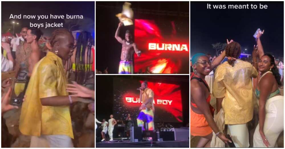 Burna Boy, lady catches Burna Boy's yellow jacket at show, Burna Boy's yellow jacket