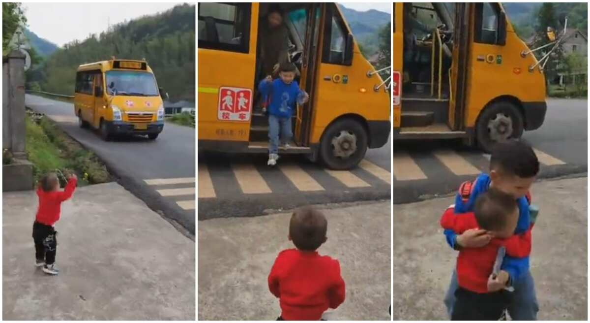 Kid stands on roadside, waits for elder brother, becomes joyous on seeing him comes down from bus in video