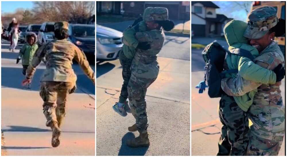 Photos of a female soldier hugging her son.
