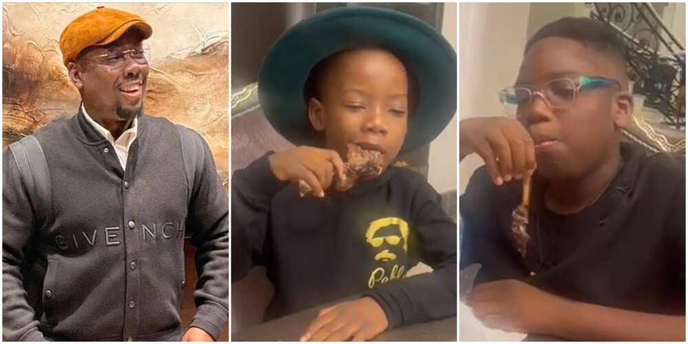 Obi Cubana's kids devour huge chunks of meat in video