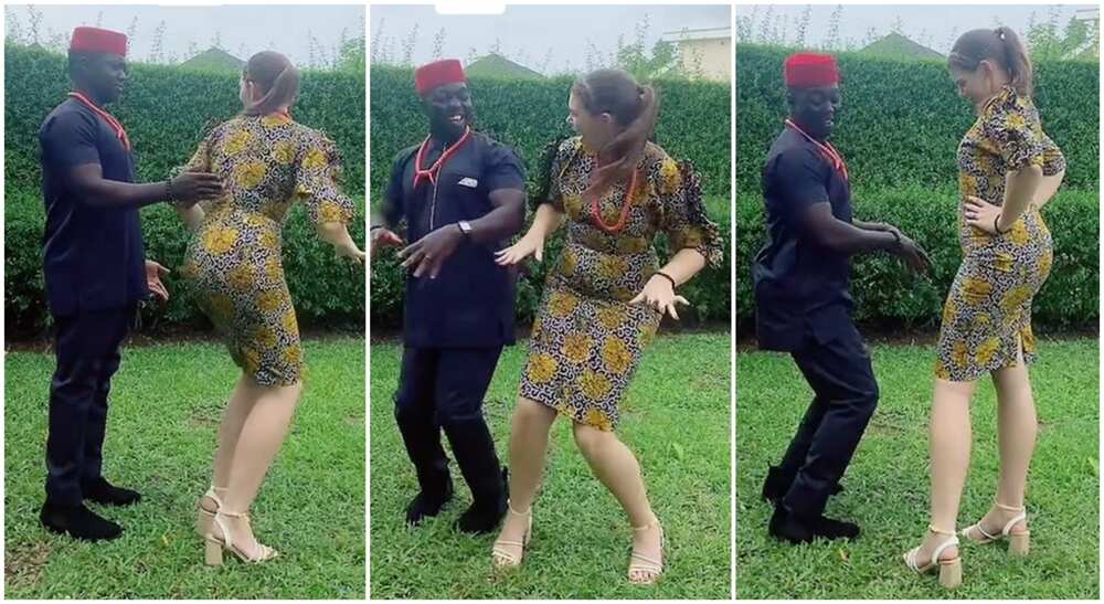 Nigerian man dances Egwu Abuja with Oyinbo lady. Nigerian man dances Egwu Abuja with Oyinbo lady.