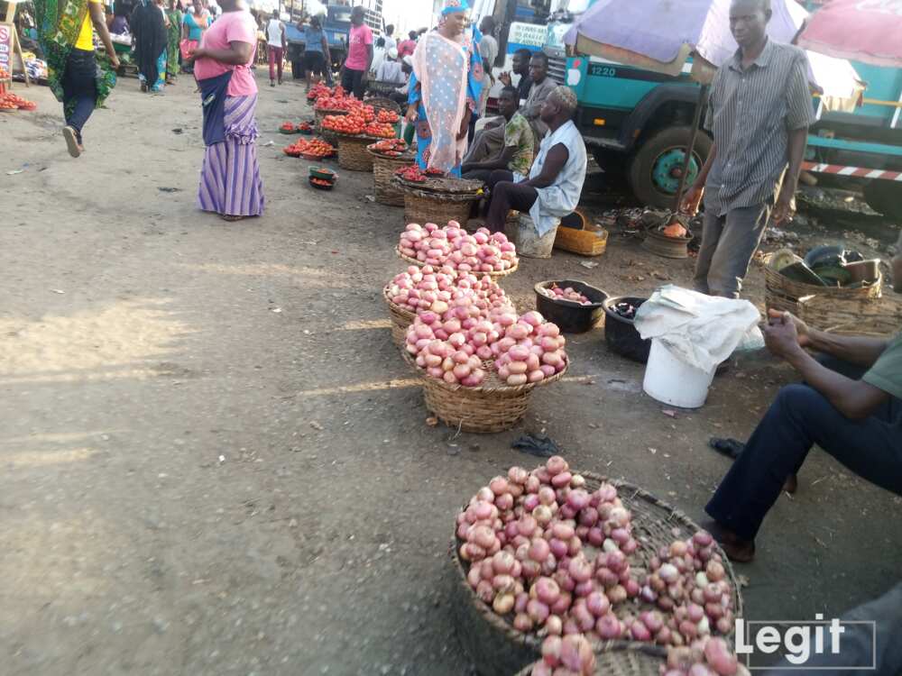 Onion sellers decry low patronage despite the affordability of the item in the market now. Photo credit: Esther Odili