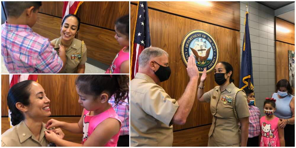Proud mum promoted to commander rank decorated by her little kids in adorable viral photos