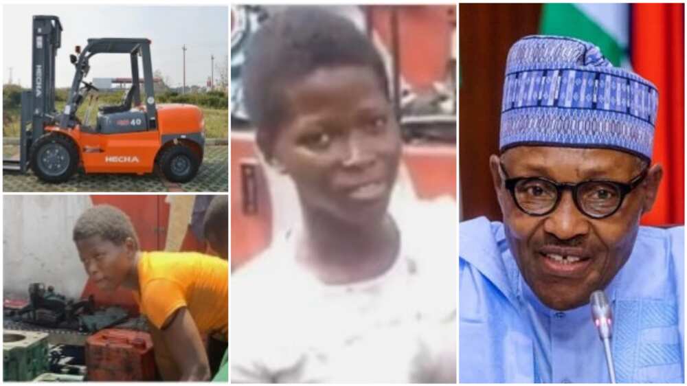 A collage showing the girl, a random picture of a forklift, and President Muhammadu Buhari. Photos sources: Twitter/@thepreciousAda/DailyPost/PkTrucks