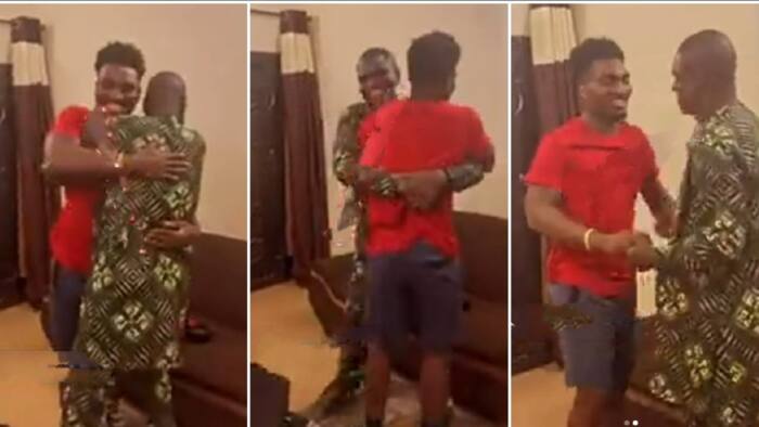 Nigerian dad throws away his bag, rushes son who returned from US after 20-yrs, hugs him tightly in cool video