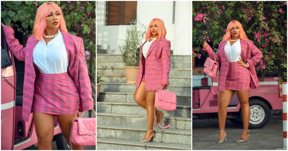 Mercy Aigbe, DJ Cuppy, pink hair, outfit & handbag, shares video