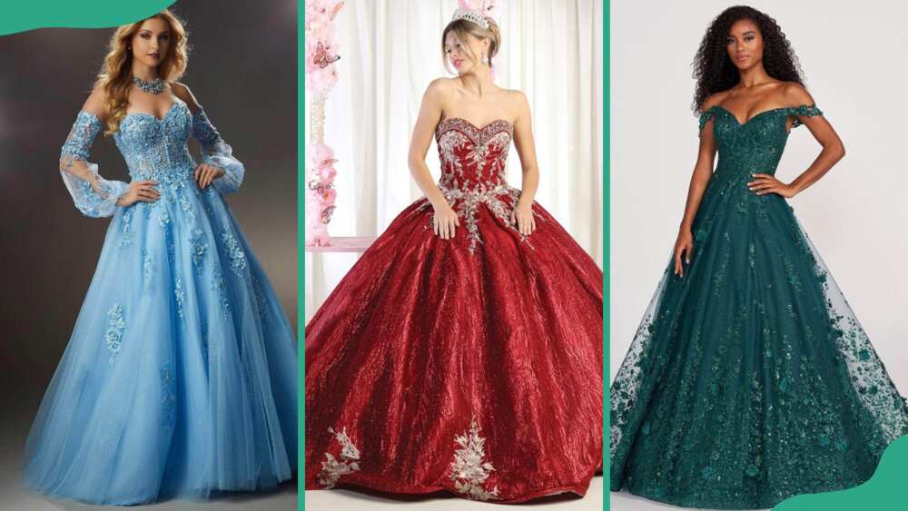 Blue ball gown (L), red ball gown (C), and jungle green ball gown (R)