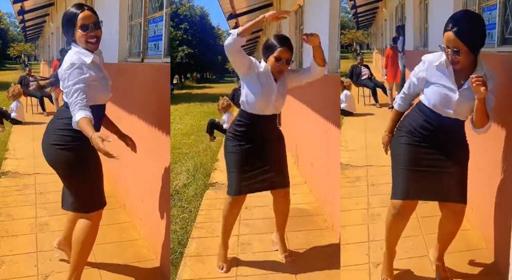 Photos of a lady dancing inside a school compound.