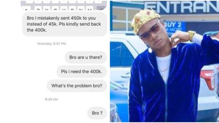 Nigerian singer mistakenly sends N450,000 instead of N45,000 to fan who begged him for money (screenshot, video)