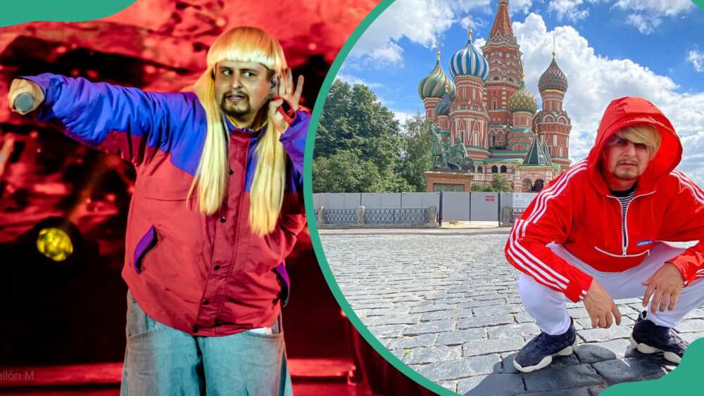 Oliver Tree performing on stage (L ) and posing for a photo outside a temple (R)