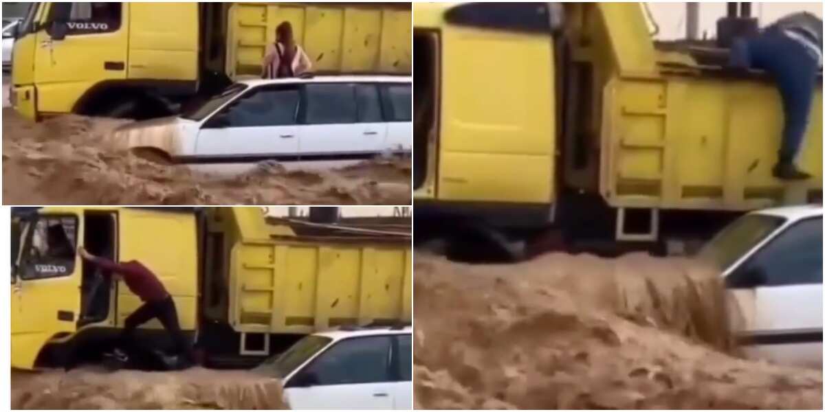 Heartwarming video shows truck driver saving people from being swept away by flood after their car got stuck