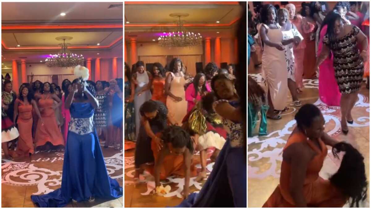 Ladies struggles to catch bride's flower bouquet at wedding, fight for it, bridesmaid loses her wig in video