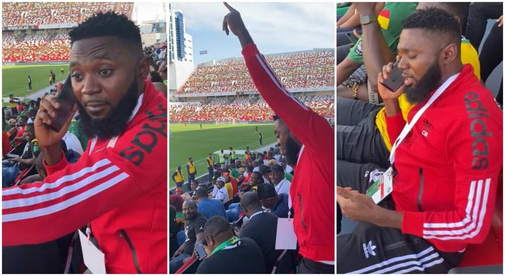 Photos of a man phoning his friend from the stadium.
