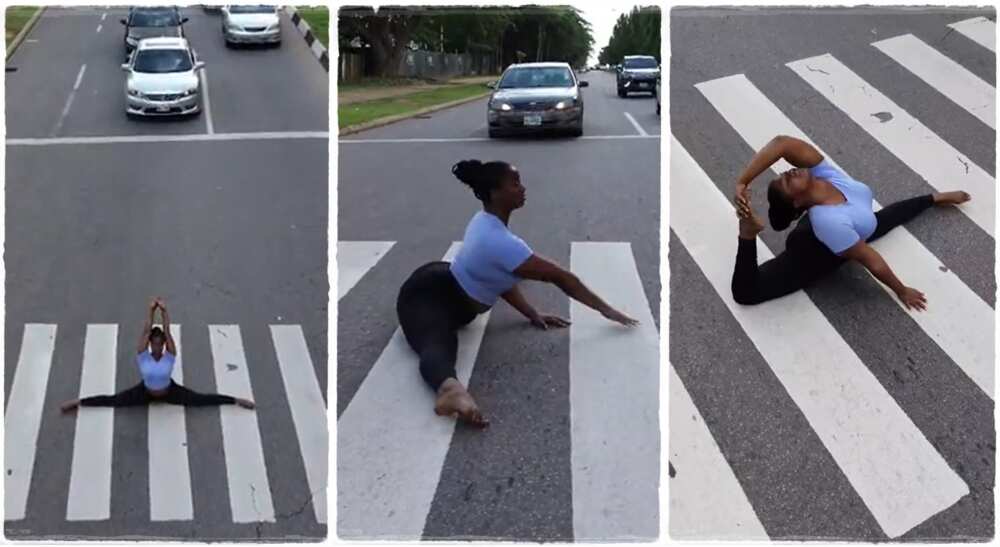 Photos of a Barbara Hills, a lady performing yoga in the middle of an expressway.